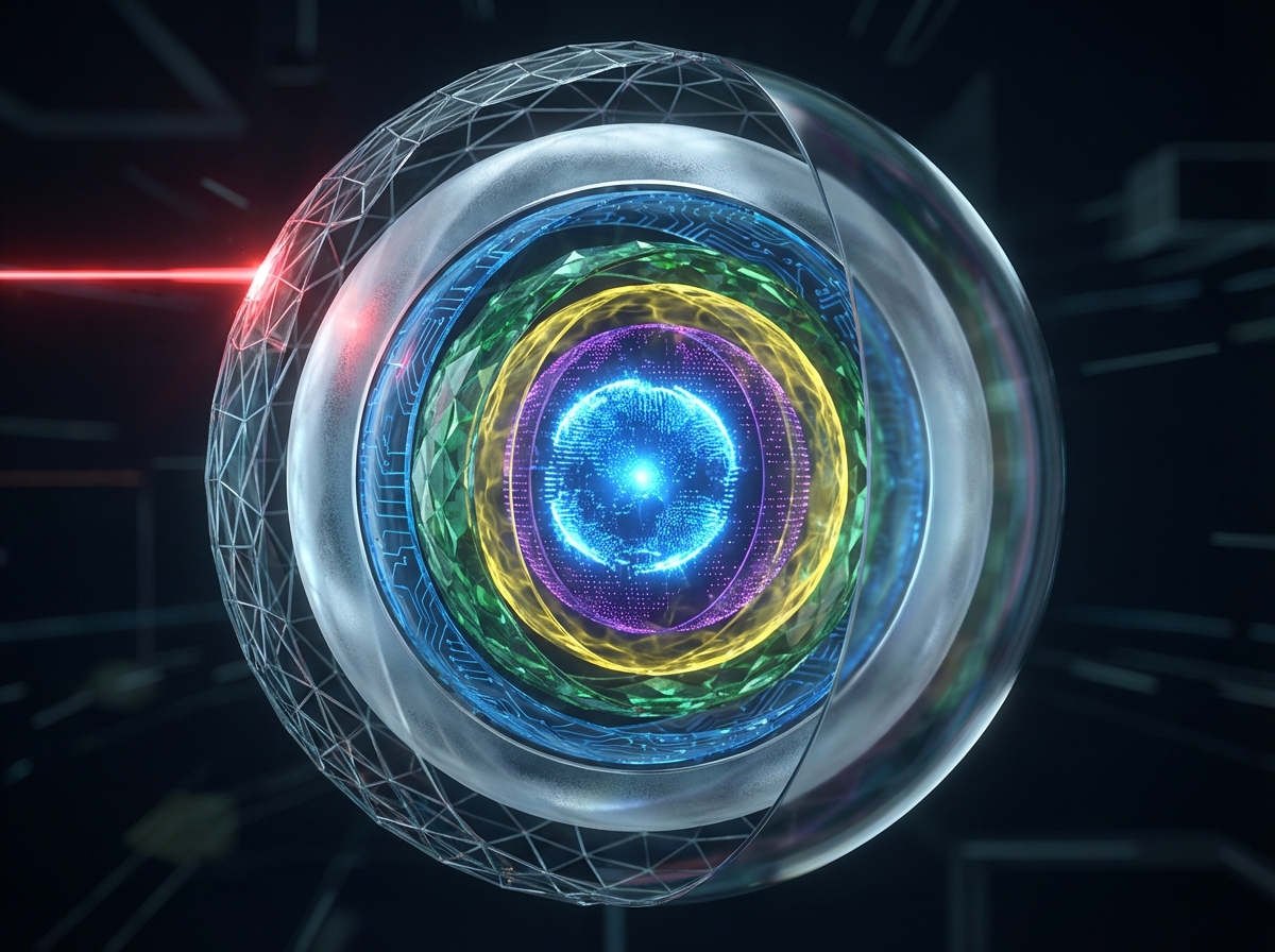 Illustrates the concept of multi-layered security barriers protecting the core application state.