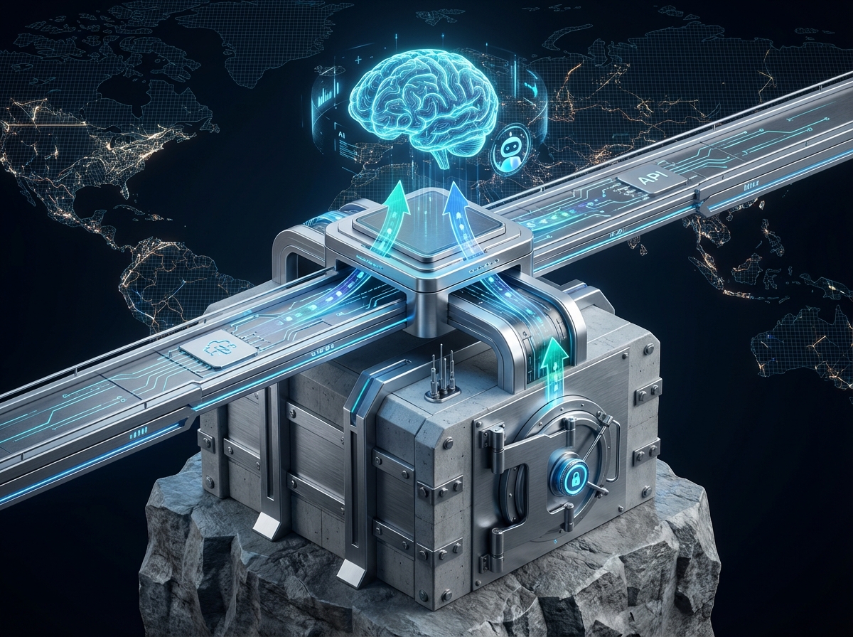 A structural overview showing how the AI communicates through the MCP layer to access the offline storage vault.
