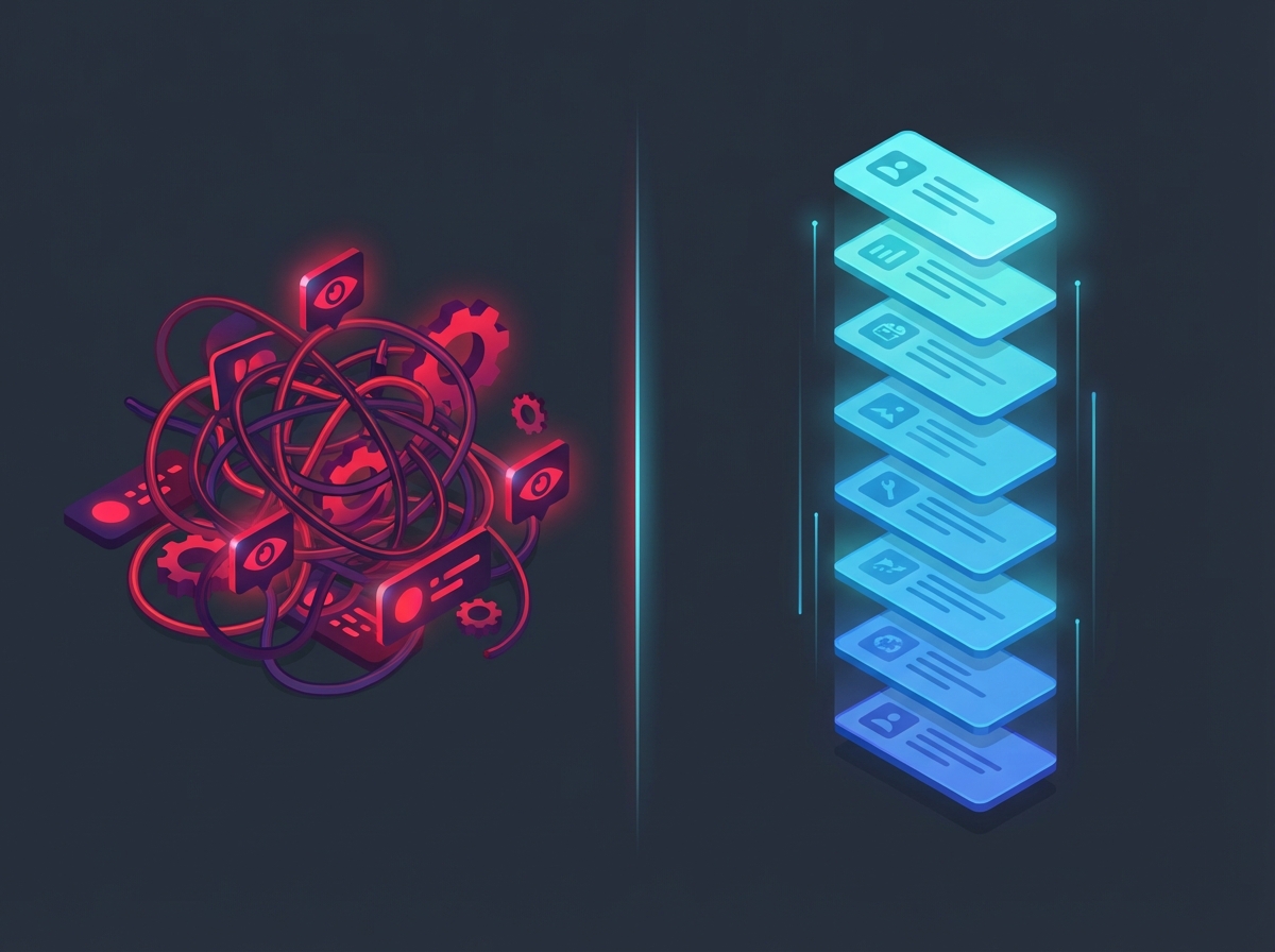 A split comparison showing the mess of algorithmic feeds versus the clean, chronological order of RSS