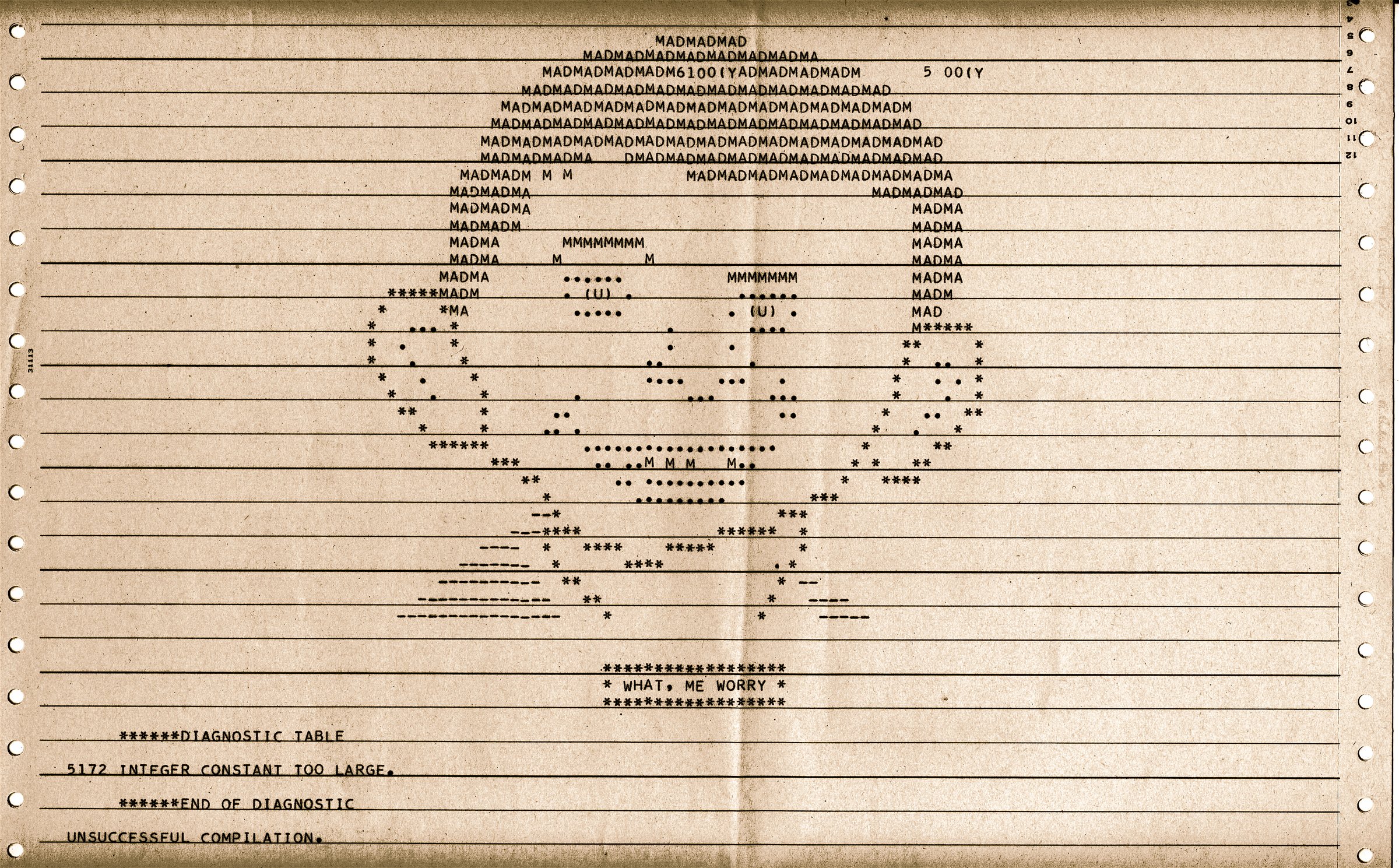 A close-up of a vintage computer printout on tan paper. The printout features horizontal lines and a series of text and characters forming a graph-like image. The text includes phrases like "DIAGNOSTIC TABLE", "INTEGER CONSTANT TOO LARGE", and "UNSUCCESSFUL COMPILATION". The printout has holes punched along the left side.